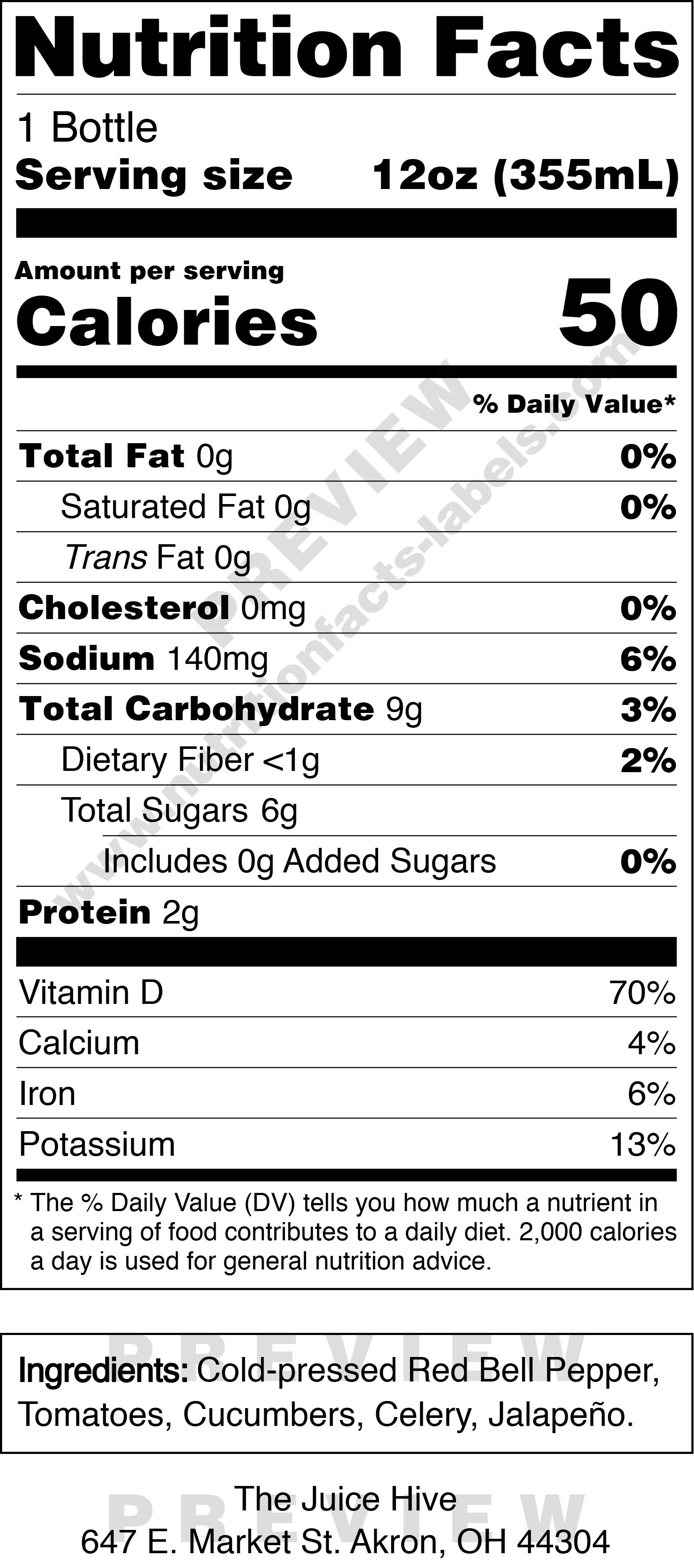 Nutrition facts label for a product with detailed information on calories, macronutrients, and micronutrients in Akron, OH