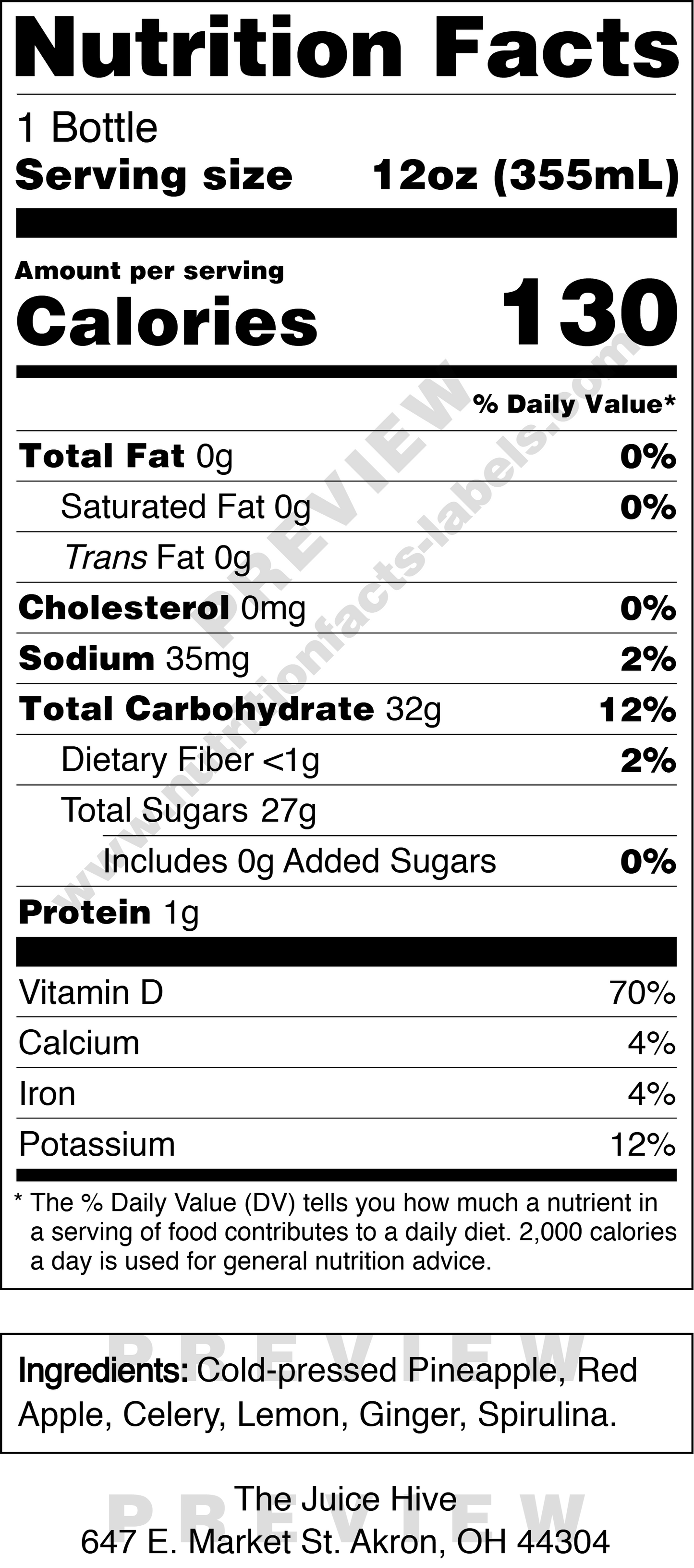 Nutrition facts label for a product with serving size, calories, and ingredient list located in Akron, OH