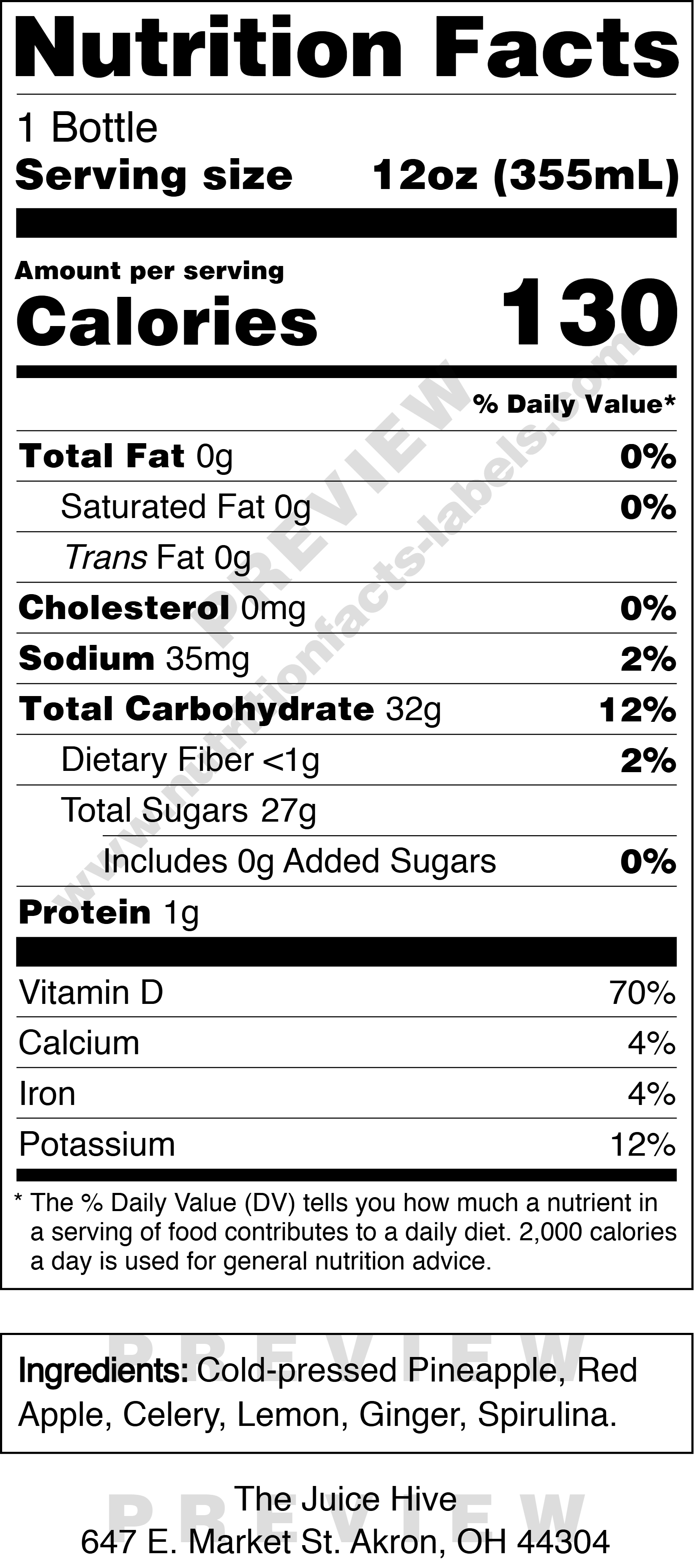 Nutrition facts label for a product with serving size, calories, and ingredient list located in Akron, OH