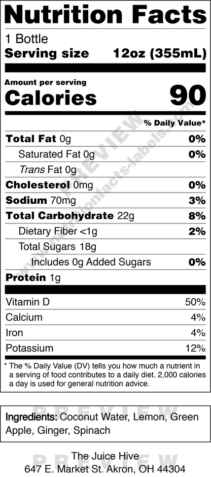 Nutrition facts label for a product with serving size, calories, and ingredient list in Akron, OH