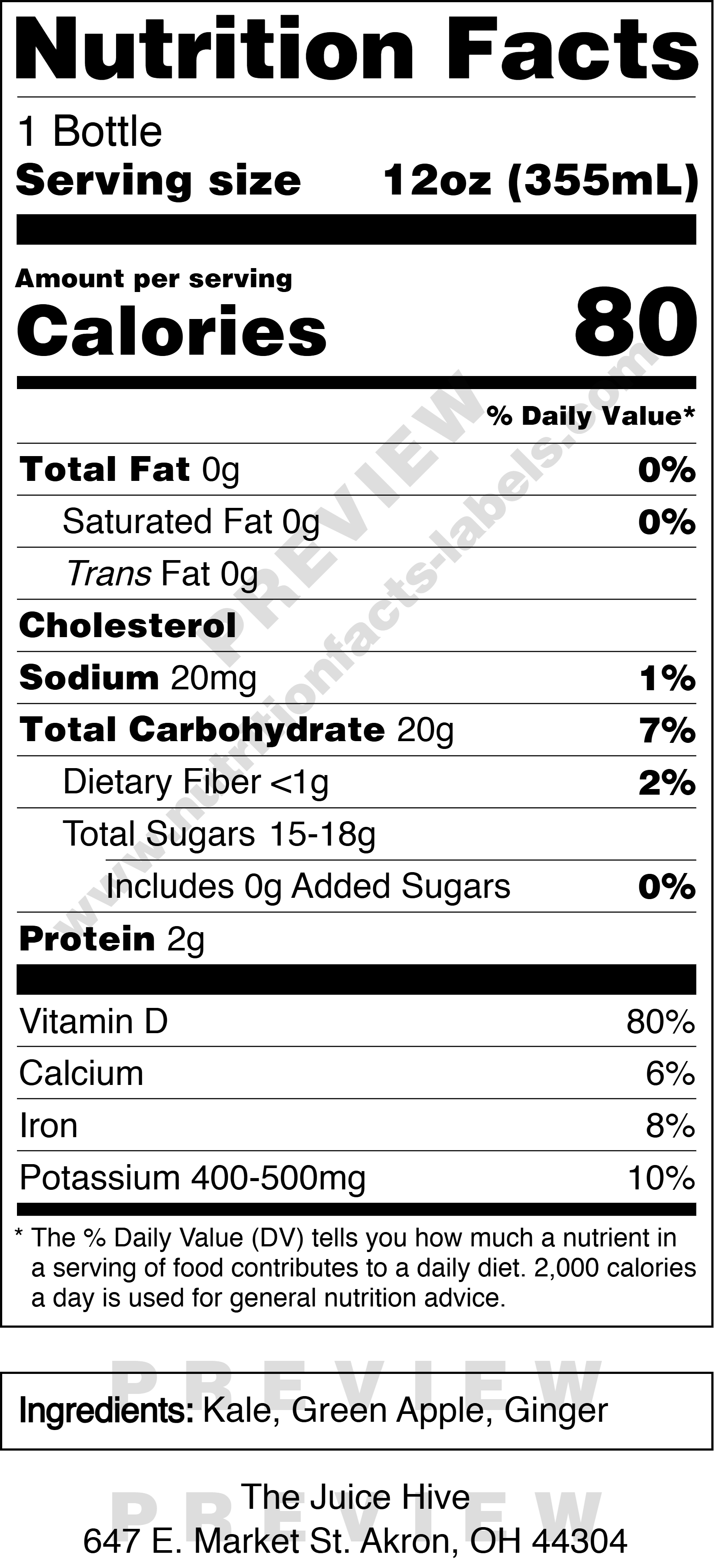 Nutrition facts label for a product with serving size, calories, and ingredient list located in Akron, OH