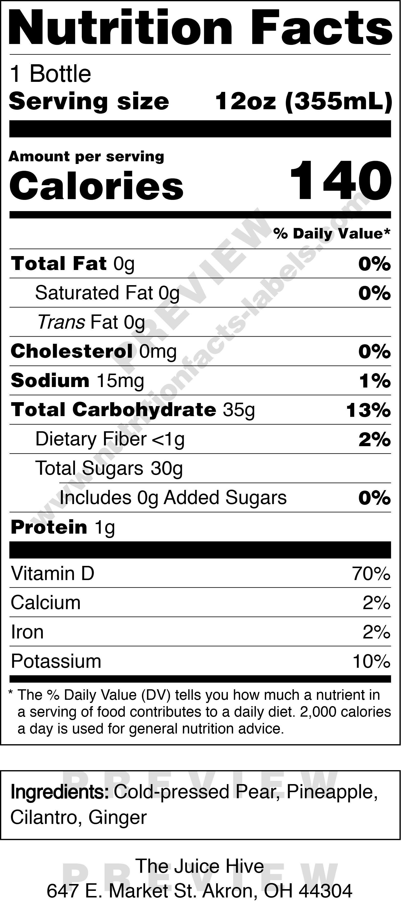 Nutrition facts label for a product with serving size, calories, and detailed nutritional information in Akron, OH